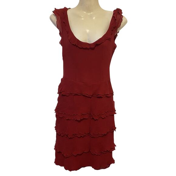 Y2K Ann Taylor 100% Silk MiniDress Ruffles Sz 2P Fairy Vamp 90s Vintage Dark Red - Picture 1 of 8